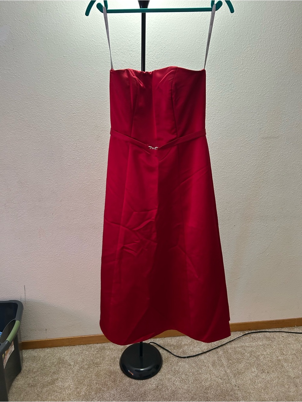 David's Bridal Strapless Red Satin A-Line Gown with Belt Accent